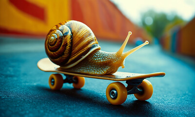 A snail riding a skateboard.