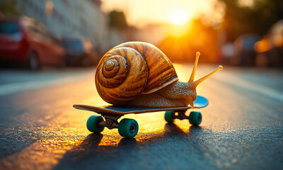 A snail riding a skateboard.