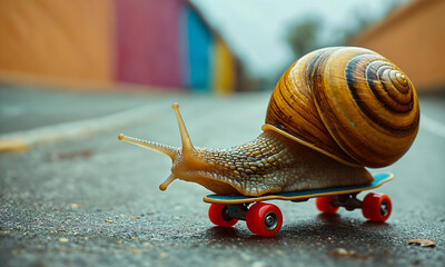 A snail riding a skateboard.