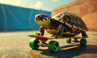 A turtle riding a skateboard