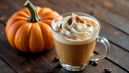 Coffee with whipped cream and pumpkin on table