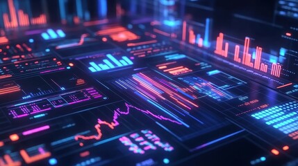 Obraz premium Marketing analysis with digital charts and graphs flat design front view technology theme animation vivid.