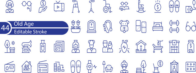 Old age Line Editable Icons set. Vector illustration in modern thin line style of seniors related icons . Elderly, active lifestyle, support, care, and more.