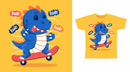 Cute dinosaur play skateboard hand drawn, ready for print on t shirt and other uses © Clushy