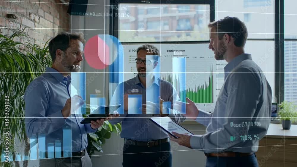 Poster three professional men reviewing data charts and discussing business analytics in an office