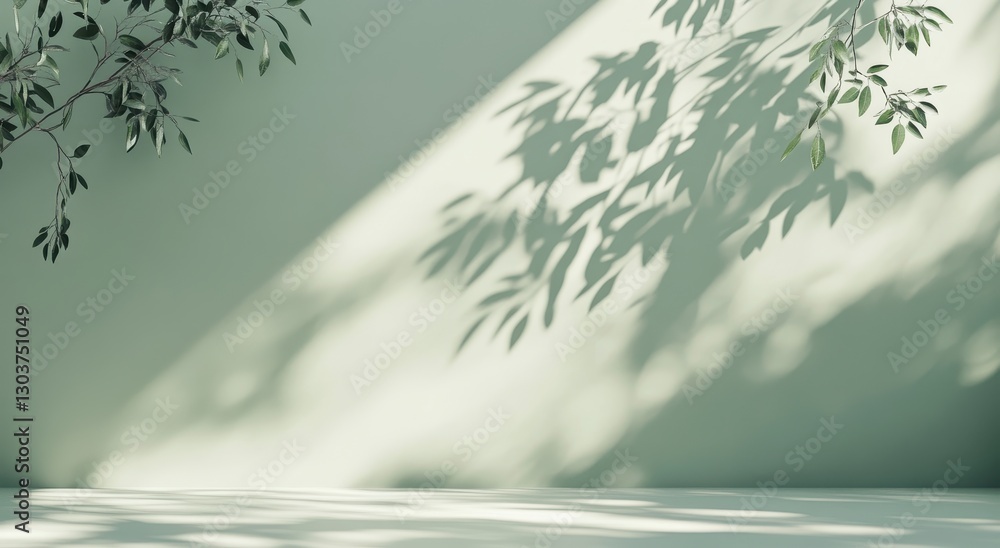 Poster soft shadow play of green leaves on light green wall and surface, creating a calm and serene atmosph