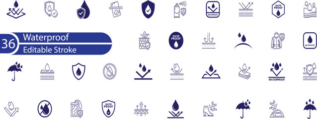 Waterproof icons. Water Proof. Collection of water resistant signs. Water protection, liquid proof protection. Shield with water drop. Anti wetting material, hydrophobic fabric, surface protection