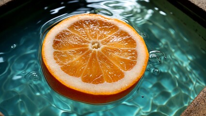 Floating half orange in clear water pool