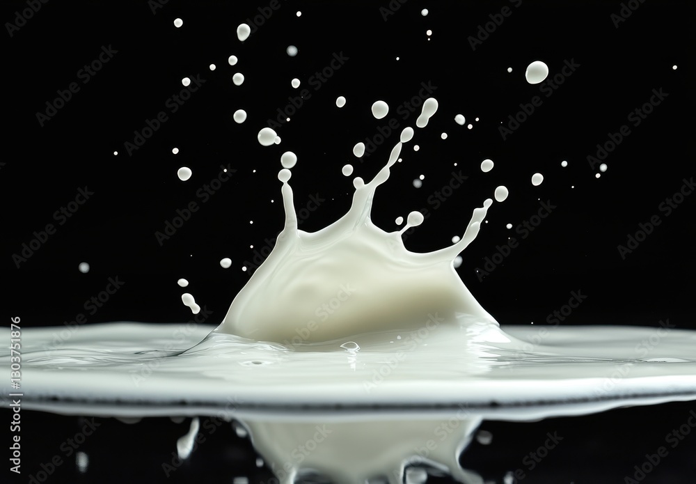 Poster splash of milk droplets creating beautiful patterns over black background in high-resolution photogr