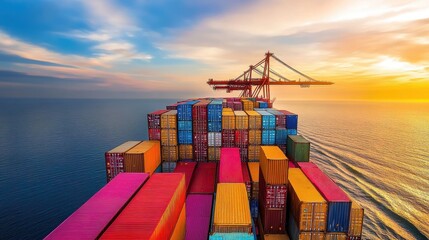 Side view of a massive container vessel fully loaded with multicolored cargo containers, sailing under a bright sky, highlighting the importance of maritime shipping in the global economy. 