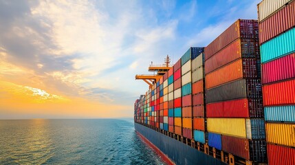 Fototapeta premium Side view of a massive container vessel fully loaded with multicolored cargo containers, sailing under a bright sky, highlighting the importance of maritime shipping in the global economy. 