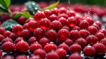 Lustrous red berries glistening with water droplets