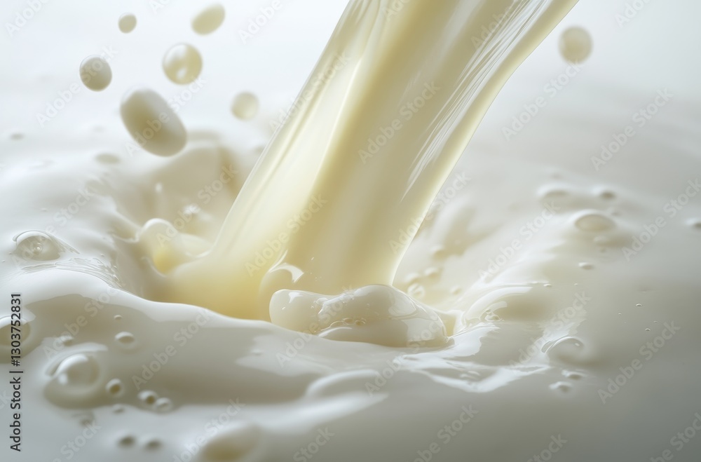 Poster stream of fresh milk splashes into creamy liquid in a close-up view with droplets and textures captu