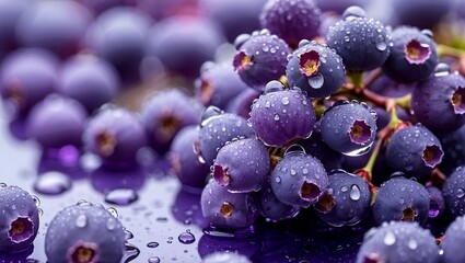 Serene close-up of purple berries with water droplets
