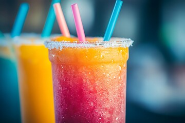 Colorful Slush Drinks with Straws Close-Up View