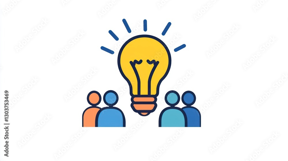 Poster idea generation group; simple illustration of people and lightbulb; stock image for business present