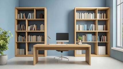 Modern home office interior with bookshelves and desk