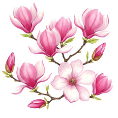 Obraz premium Watercolor illustration of a pink magnolia flower bouquet, featuring a lovely arrangement against a white backdrop, perfect for spring vibes.