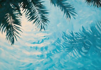 Tranquil Reflection of Palm Tree Leaves on Calm Water Surface with Gentle Ripples in Soft Blue and Warm Tones for Serene Natural Background