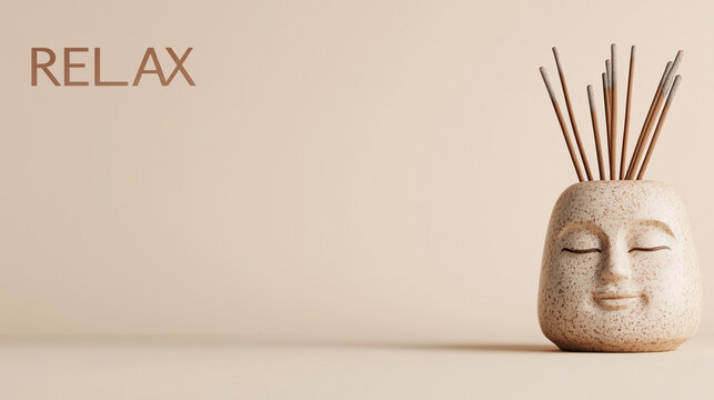 Relaxing ceramic incense holder featuring a serene face design on a minimalist beige background promoting tranquility and calmness in home decor