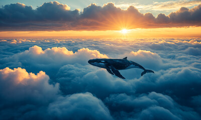 A whale swimming in the clouds.