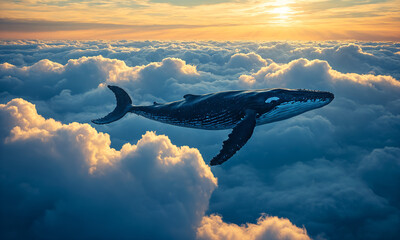 A whale swimming in the clouds.