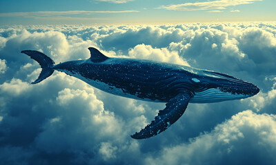 A whale swimming in the clouds.
