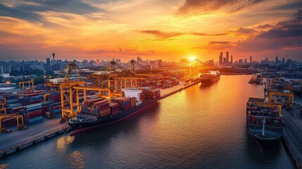 Fototapeta premium Sunset over a bustling container port, with large cargo ships docked and cranes unloading containers, illustrating the dynamic nature of international trade, logistics, and economic growth. 