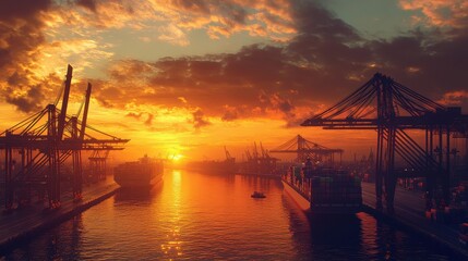 Obraz premium Sunset over a bustling container port, with large cargo ships docked and cranes unloading containers, illustrating the dynamic nature of international trade, logistics, and economic growth. 