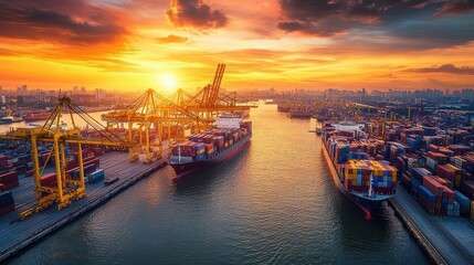 Fototapeta premium Sunset over a bustling container port, with large cargo ships docked and cranes unloading containers, illustrating the dynamic nature of international trade, logistics, and economic growth. 
