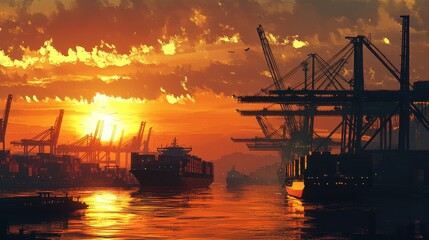 Obraz premium Sunset over a bustling container port, with large cargo ships docked and cranes unloading containers, illustrating the dynamic nature of international trade, logistics, and economic growth. 