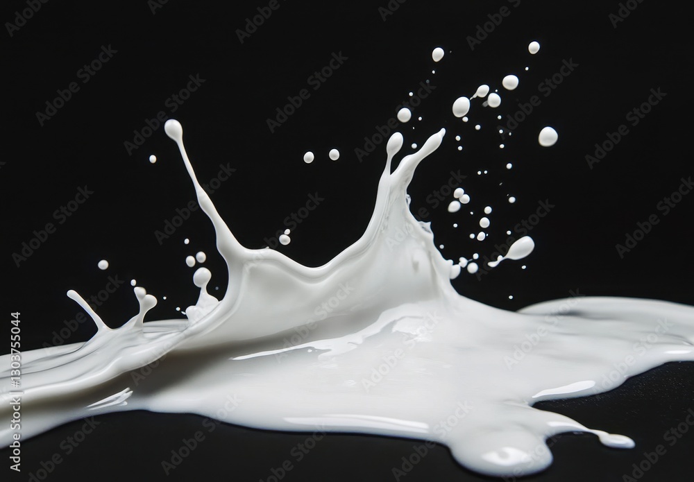 Poster white liquid splashes and droplets against a black background capturing motion and fluid dynamics in
