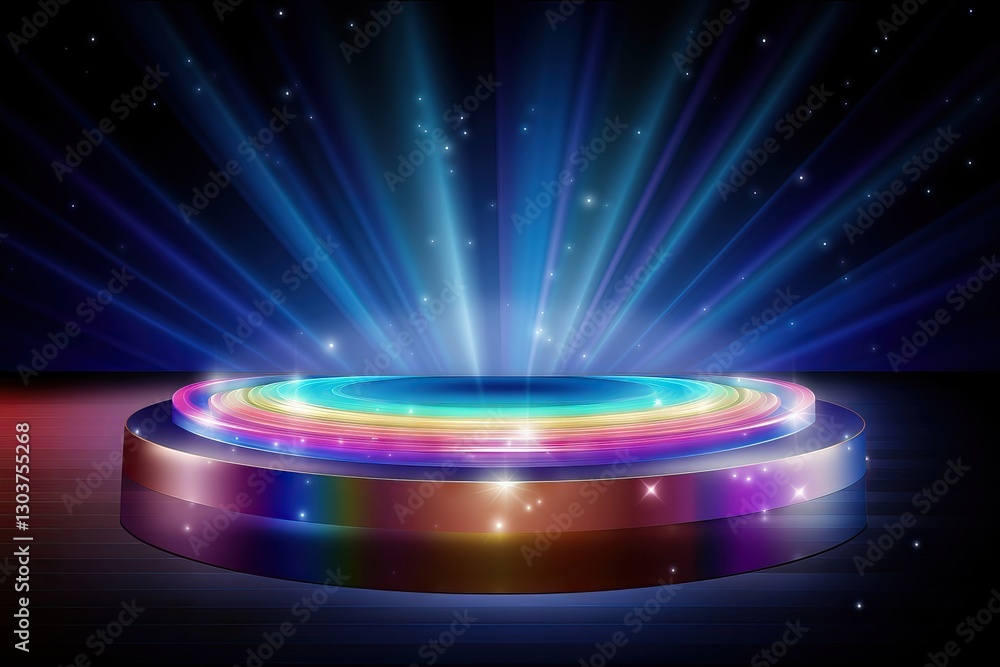 Poster futuristic neon podium with light beams in space. sci-fi circular platform with colorful glow. digit