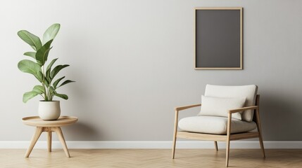 Fototapeta premium Modern Interior with Plant and Chair; Minimalist Room; Blank Frame; Relaxation Space; Home Decor