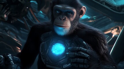 A futuristic humanoid ape with glowing blue core surrounded by advanced technology in a dark, metallic environment, conveying a sense of artificial intelligence and evolution