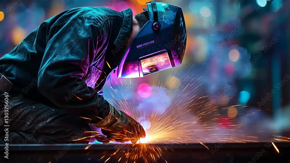 Poster a skilled welder focuses intently in a vibrant workshop, sparks flying as metal joins together. the 