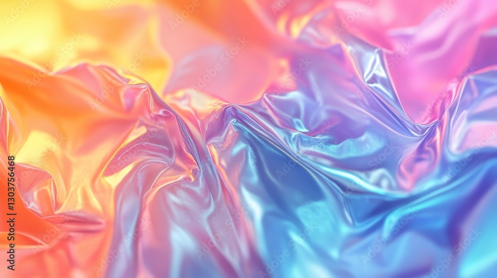 Poster abstract multicolored iridescent fabric with flowing folds and light reflections
