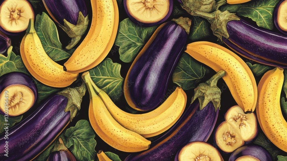 Poster a vibrant 2d pattern featuring playful bananas and brinjals, perfect for adding a fresh touch to any