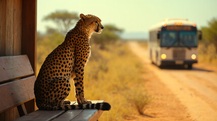 A cheetah waiting at a bus stop.

