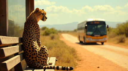 A cheetah waiting at a bus stop.

