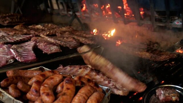 Chef turning ribs on a grill in a restaurant kitchen