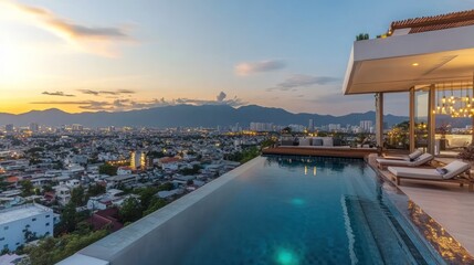 Luxury Infinity Pool Overlooking Cityscape at Sunset