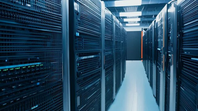 A modern data center featuring long rows of high-tech server racks, representing cloud computing, cybersecurity, and digital information storage. . High quality 4k footage