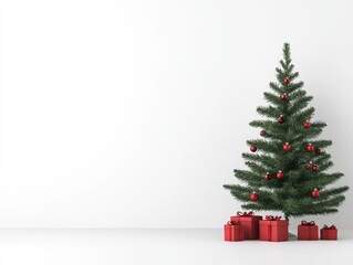 A beautifully decorated Christmas tree with red ornaments and gifts beneath it