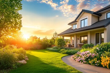 Beautiful Suburban Home Sunset Landscape Lush Green Lawn Vibrant Flower Garden Modern House Exterior Design Real Estate Photography Warm Golden Hour  