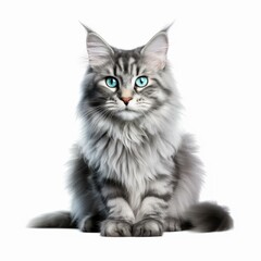 Obraz premium A soft, fluffy feline with tufted ears, elegantly posed against a crisp white backdrop in a charming pastel style.