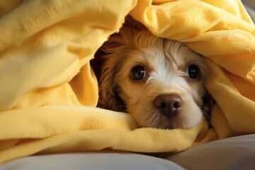 Obraz premium Cute puppy peeking out from under yellow blanket. Cozy dog portrait. Adorable pet hideaway concept. Comfortable home atmosphere with furry companion. Warm and playful canine image