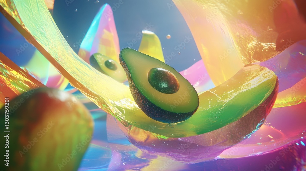 Poster modern graphic design featuring holographic avocado elements floating in a surreal space environment
