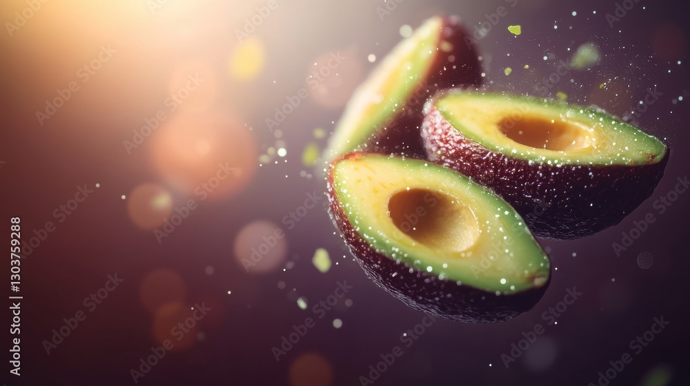 Poster modern graphic design featuring holographic avocado elements floating in space with a futuristic loo