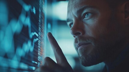 A tight shot of the investors thoughtful expression while surrounded by charts and analytics on a large screen with their finger poised above a trending line symbolizing the pivotal